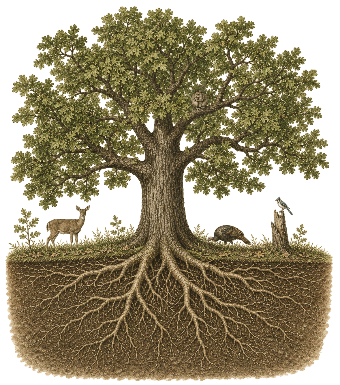 Botanical illustration of an oak tree with visible root system