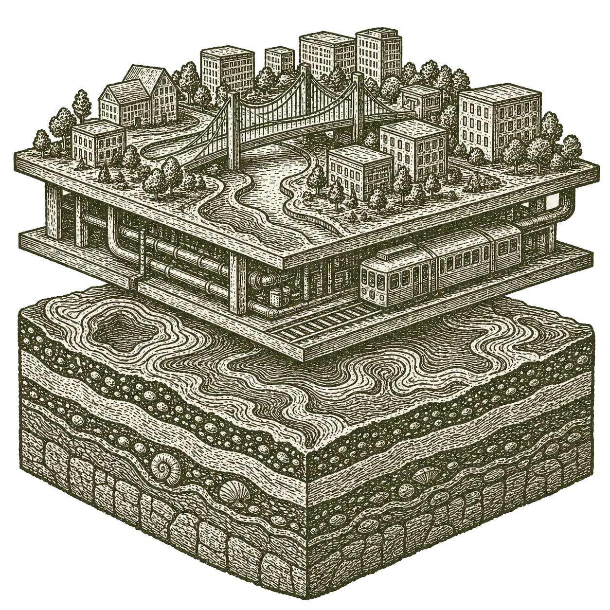 Four-layer cross-section model: stone foundation (Stratigraphy), landscape (Topography), transit infrastructure (Infrastructure), and built city (Architecture)